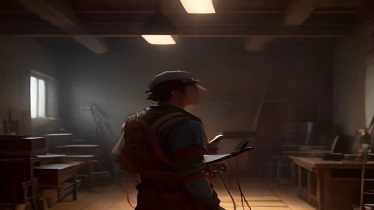 An engineer holding a tablet at the end of a row of mining machines under bright light