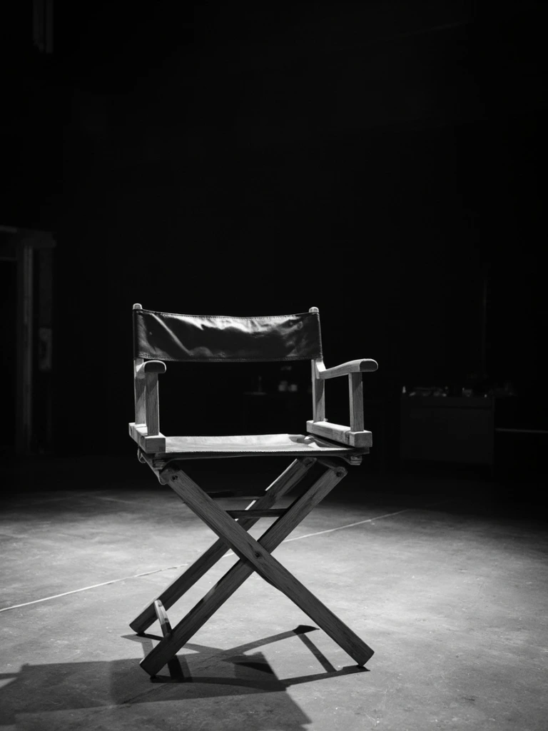 An empty theatre stage with a single director's chair, in editorial sepia tone.