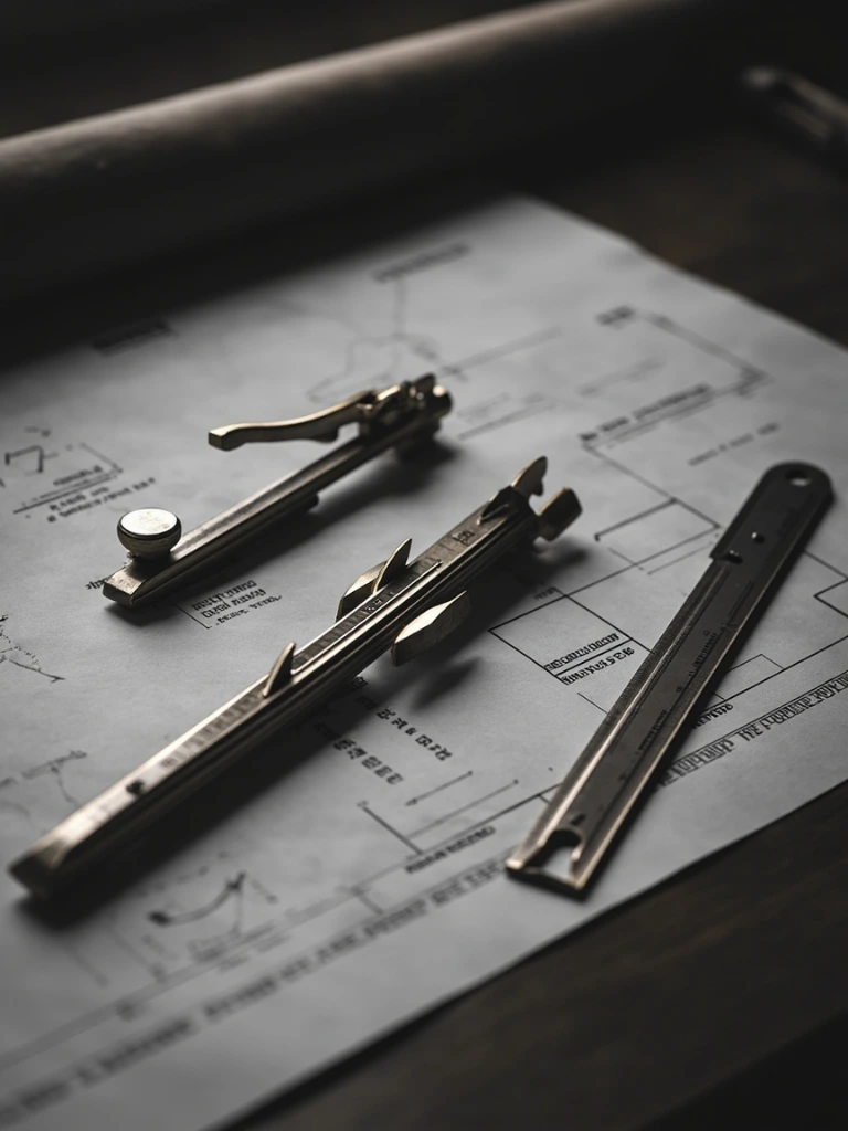 Architectural drafting tools on a wooden table, in editorial sepia.